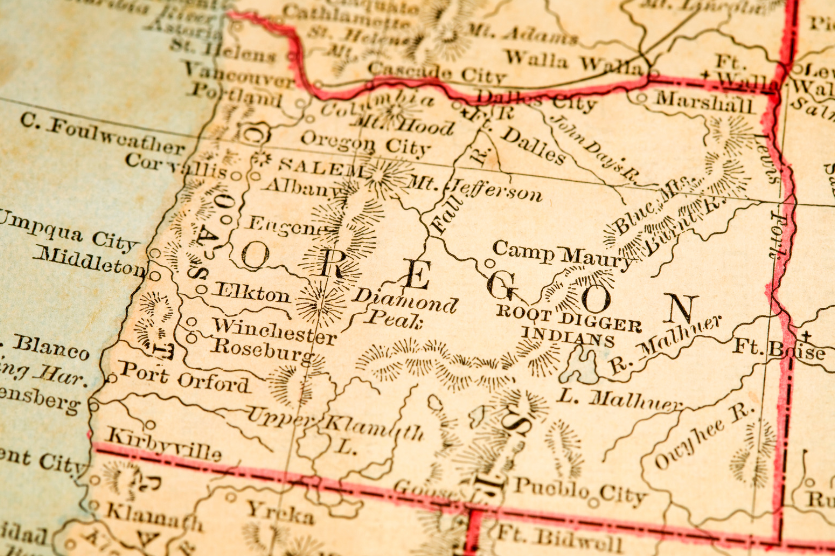 A close up of a map showing the county of oregon