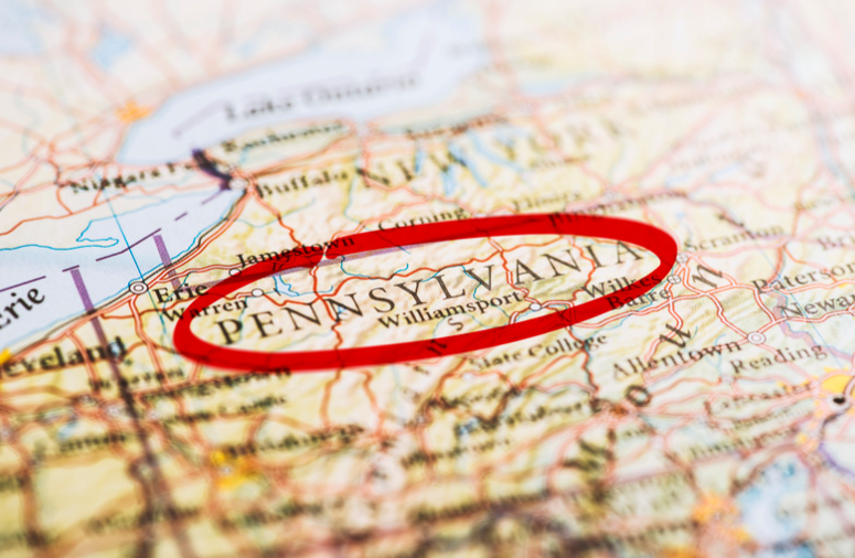 Pennsylvania is highlighted on a map with a red circle.