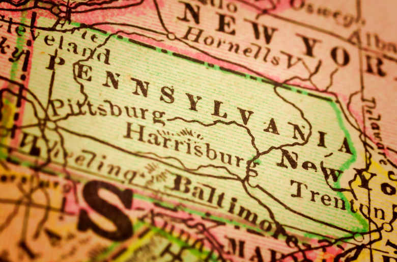 A close up of a map of pennsylvania