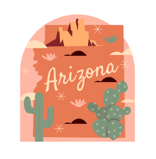 An illustration of the state of arizona with a cactus and mountains.