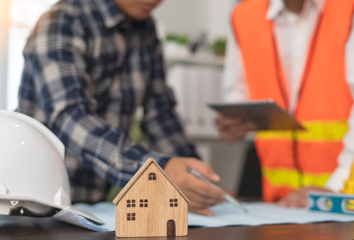 Two construction workers are sitting at a table with a model house on it.