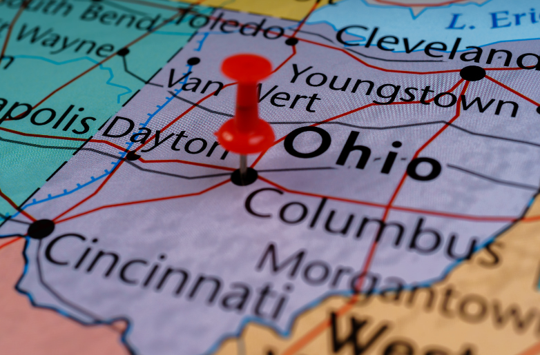 A red pin is pinned to a map of ohio