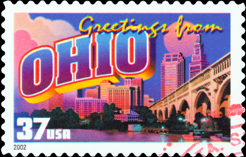 A postage stamp that says greetings from ohio