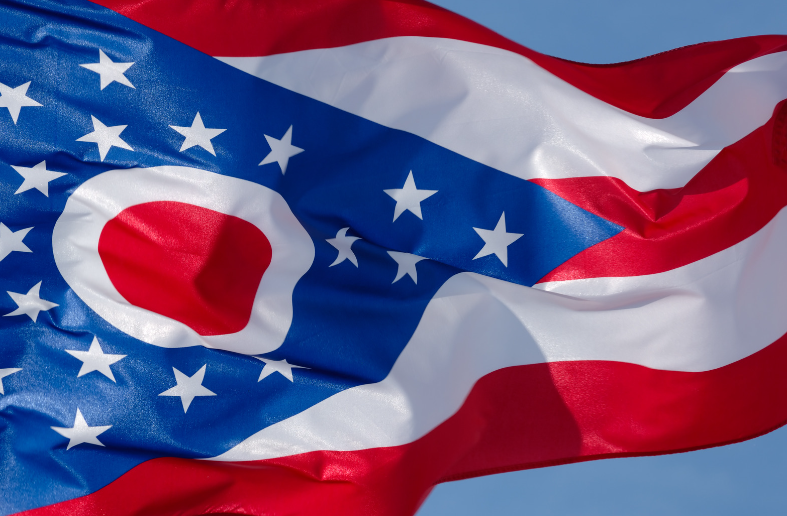 A red white and blue flag with the state of ohio on it