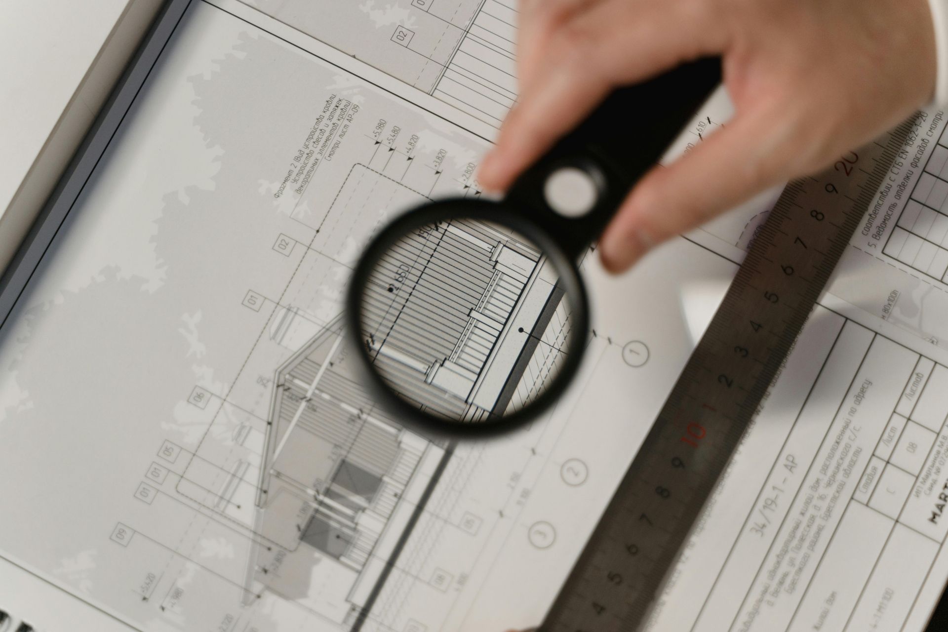 A person is holding a magnifying glass over a drawing.