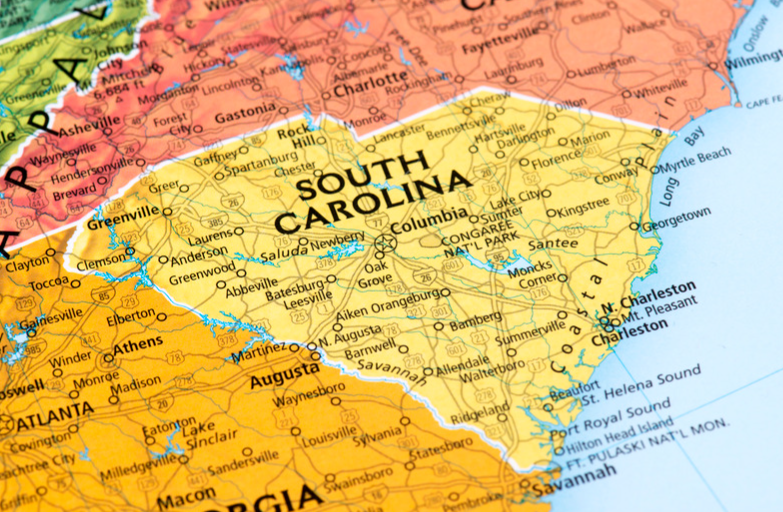 A close up of a map of south carolina