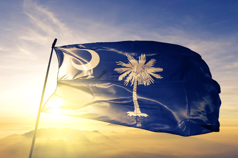 The flag of south carolina is waving in the wind at sunset.