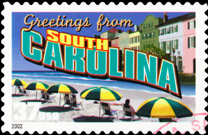 A postage stamp that says greetings from south carolina