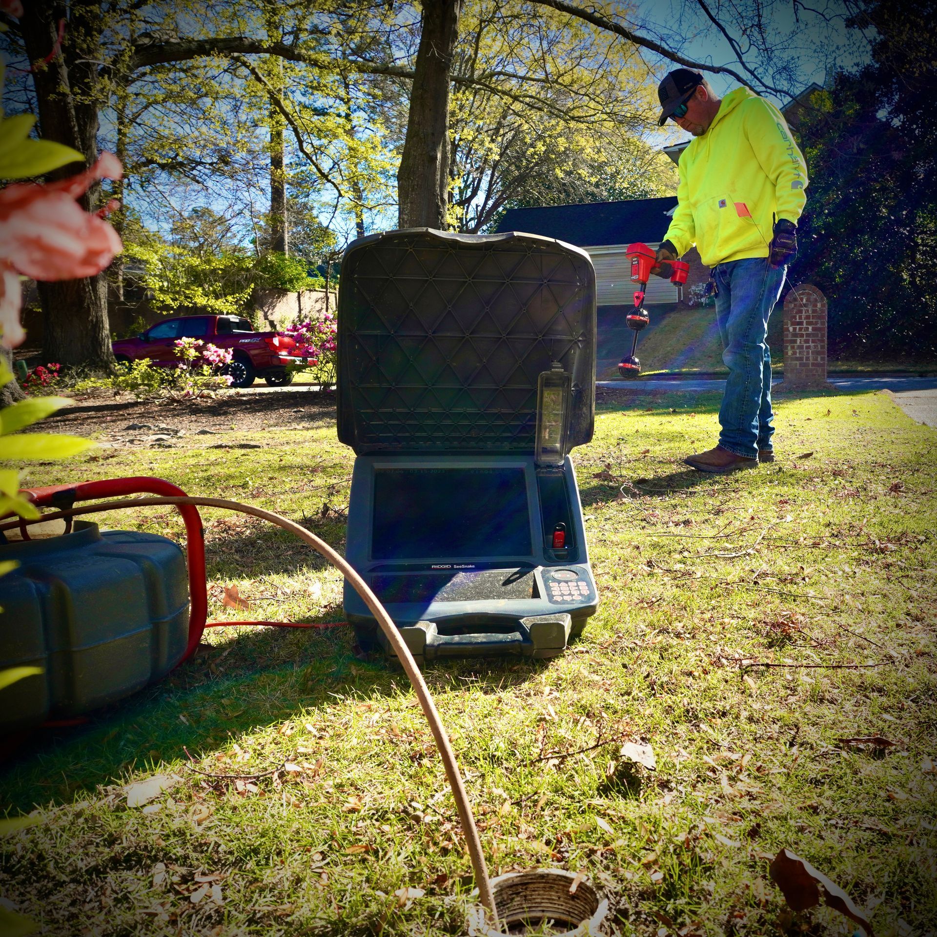 Man in neon yellow jacket using a machine in a yard, near a red truck, a tree and a house.