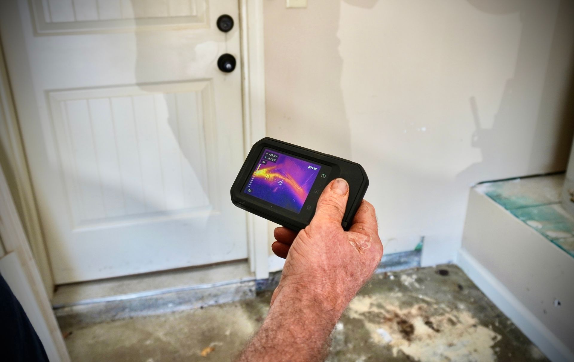 Hand holding thermal imaging camera near door, detecting moisture.