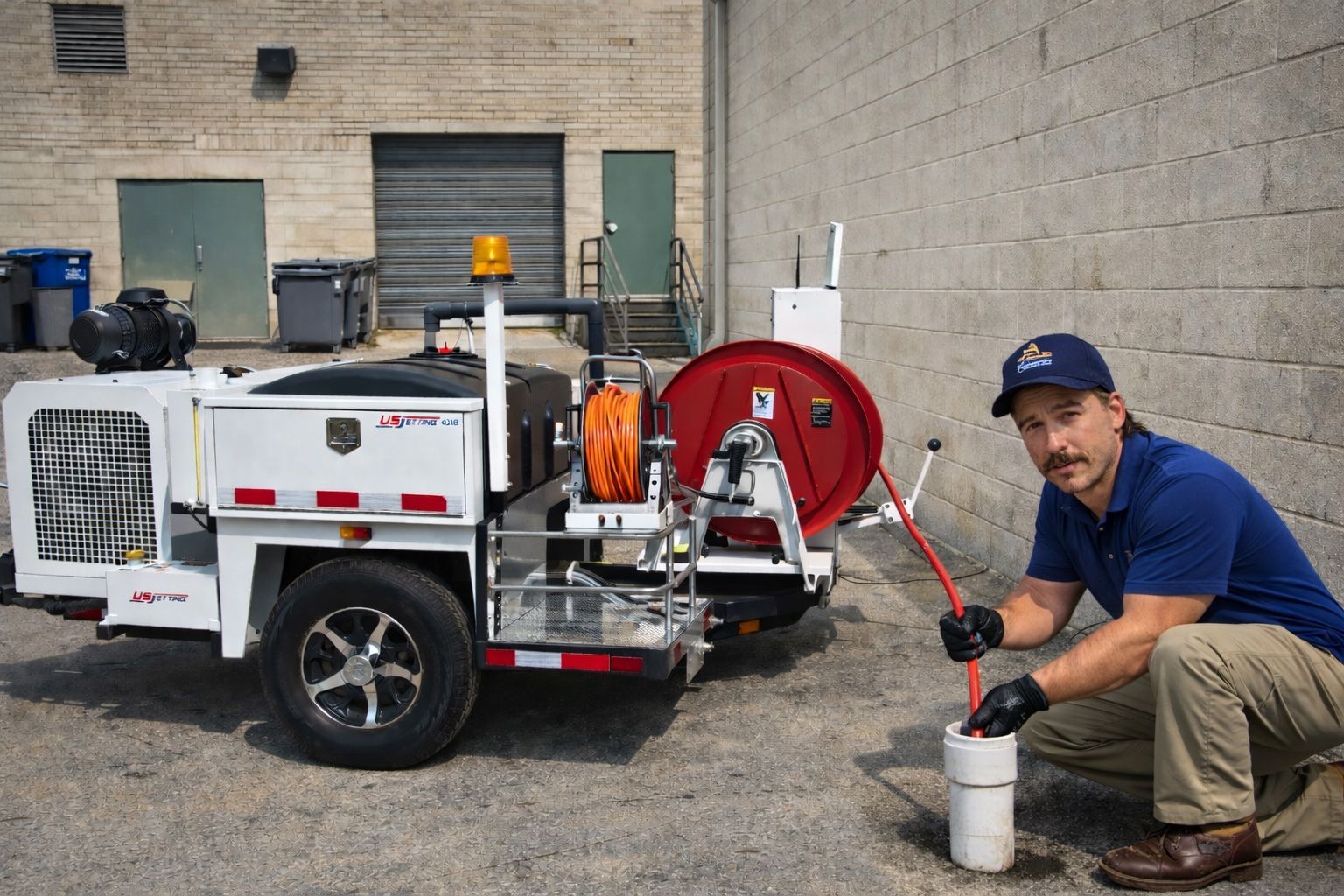 Man digging a trench in a yard, wearing a gray shirt and jeans, with a house in the background.