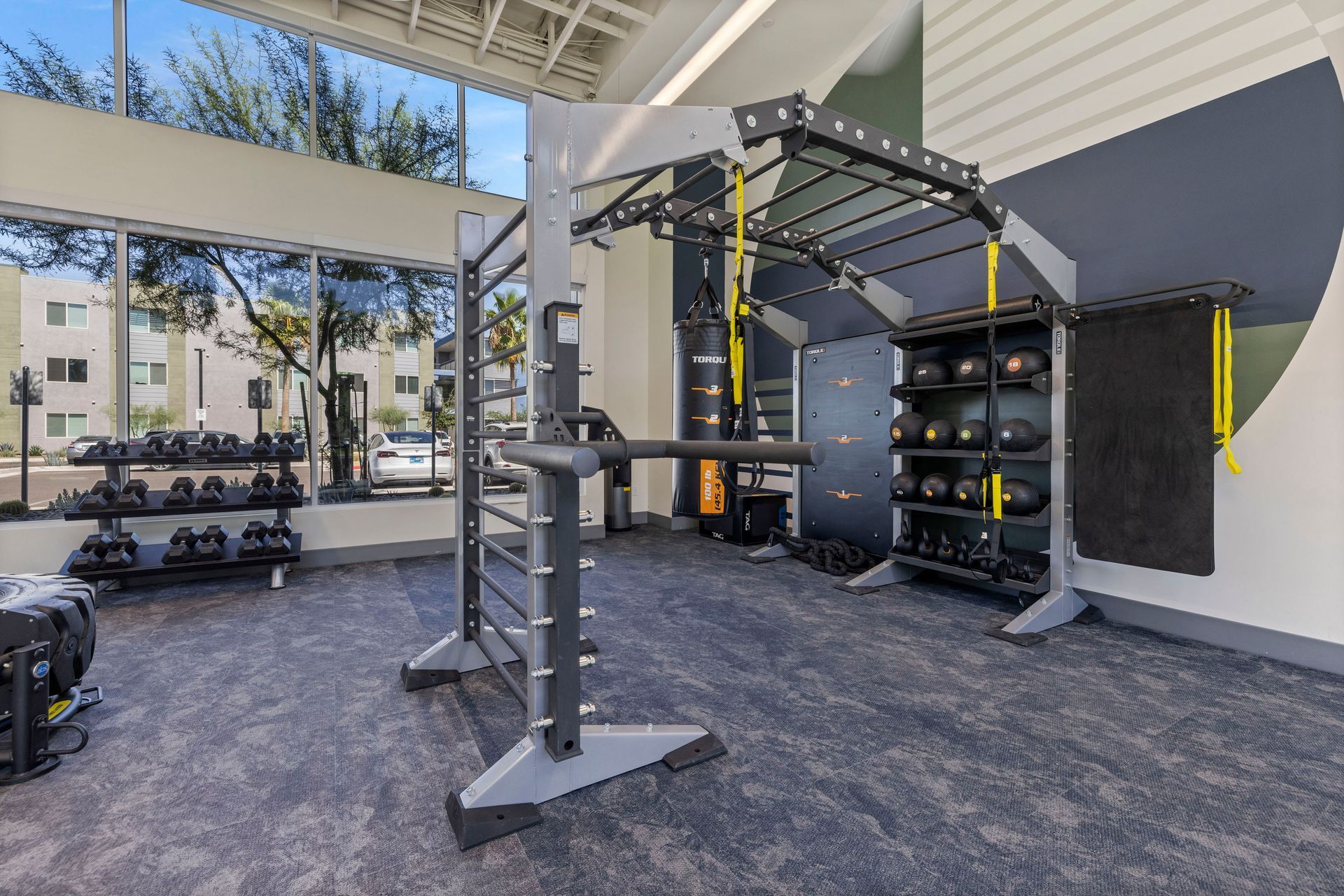 Gym with weights, climbing bars, and medicine balls, beside a large window, in a modern space.