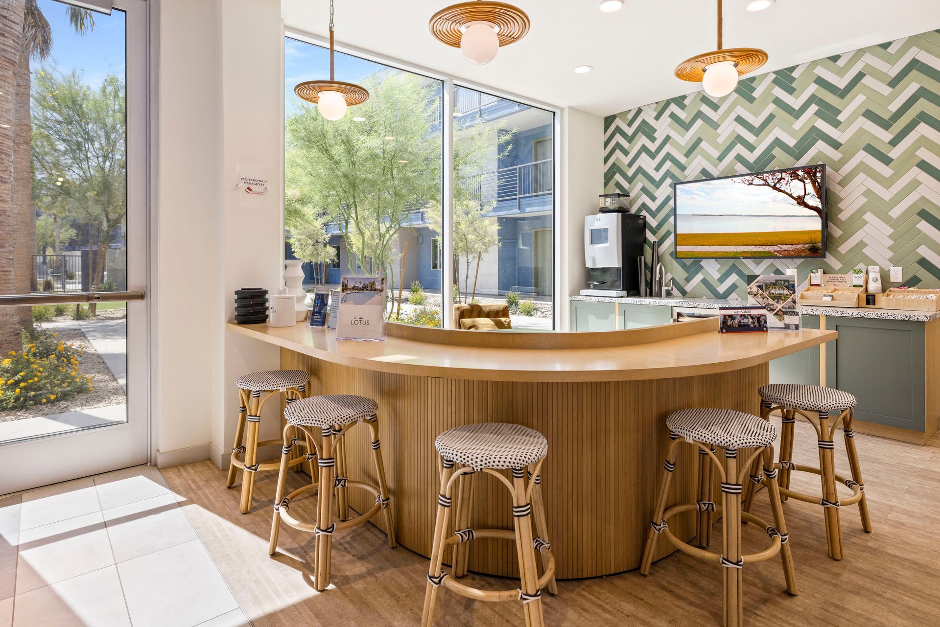 A sunny, modern cafe area with a curved wooden bar, stools, and a large window overlooking a courtyard.
