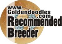 A logo for a website called www.goldendoodles.com recommended breeder.