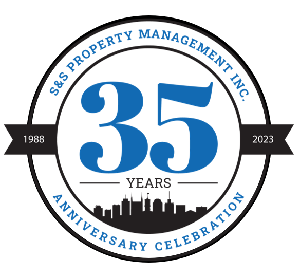 A circular logo for S&S Property Management Inc. celebrating 35 years (1988–2023) with a city skyline silhouette.