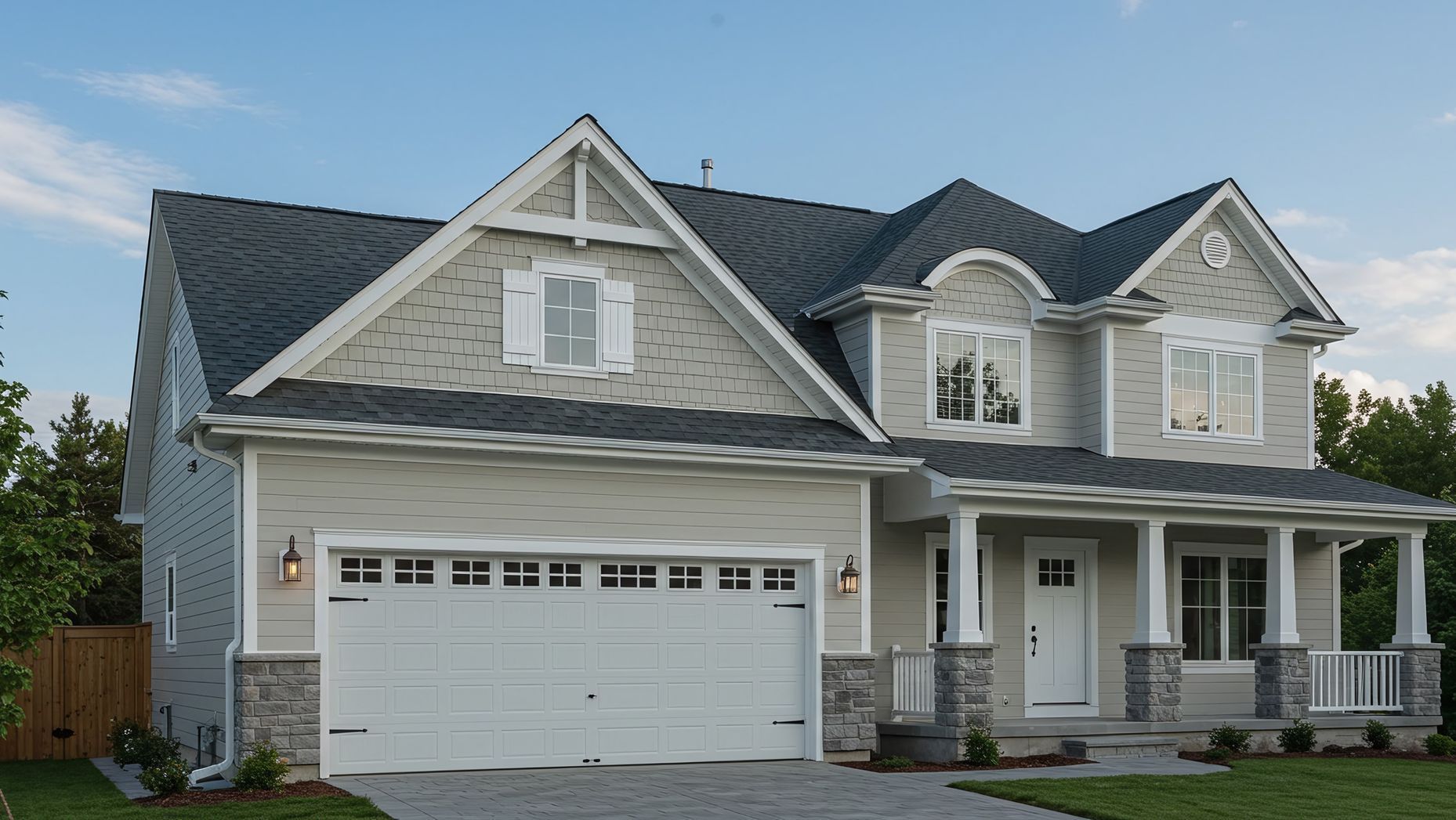Two-story house with a gray roof, beige siding, and a white garage door; a small front porch and manicured lawn are visible.