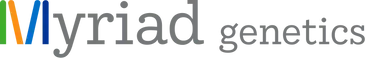 Logo for Myriad Genetics. The logo has a multi-colored abstract design and the words "Myriad genetics" in gray.