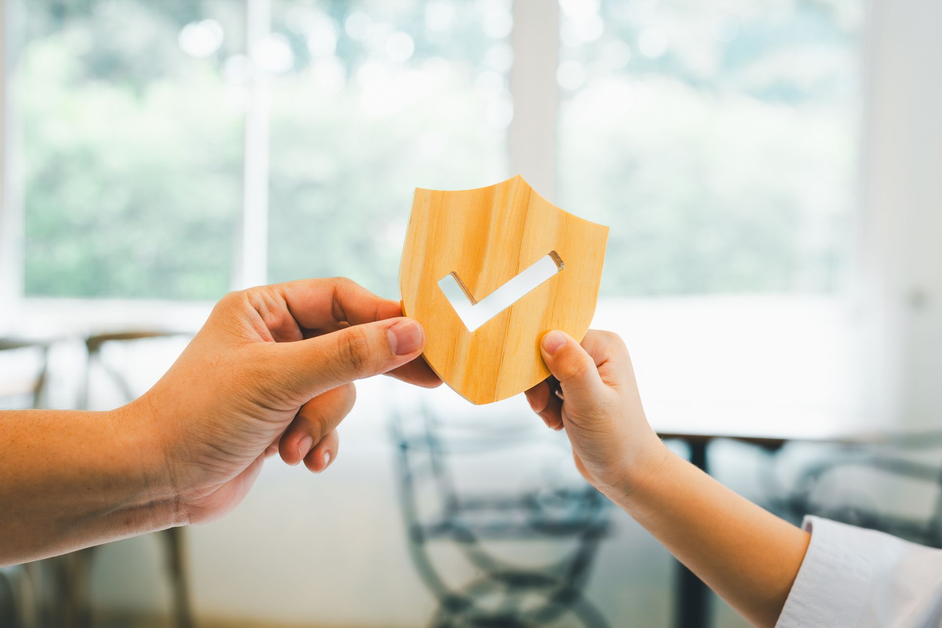 A man and a child are holding a wooden shield with a check mark on it.