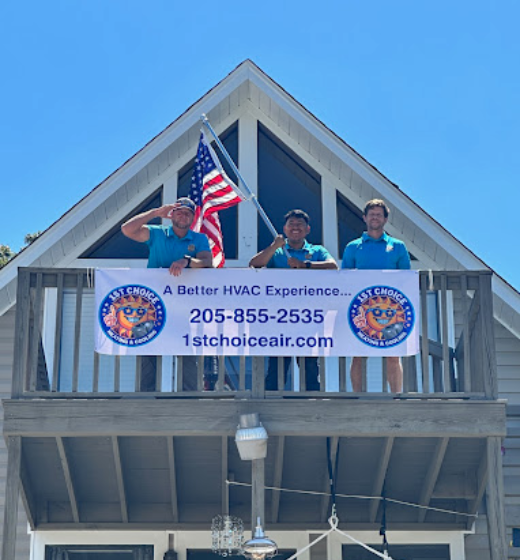 Three men on balcony with 1st Choice Air sign. One salutes, American flag behind them. Blue shirts, sunny day.