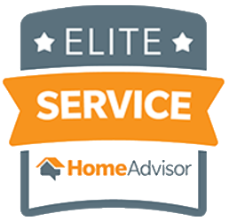 HomeAdvisor Elite Service badge in gray, orange, and white with logo.