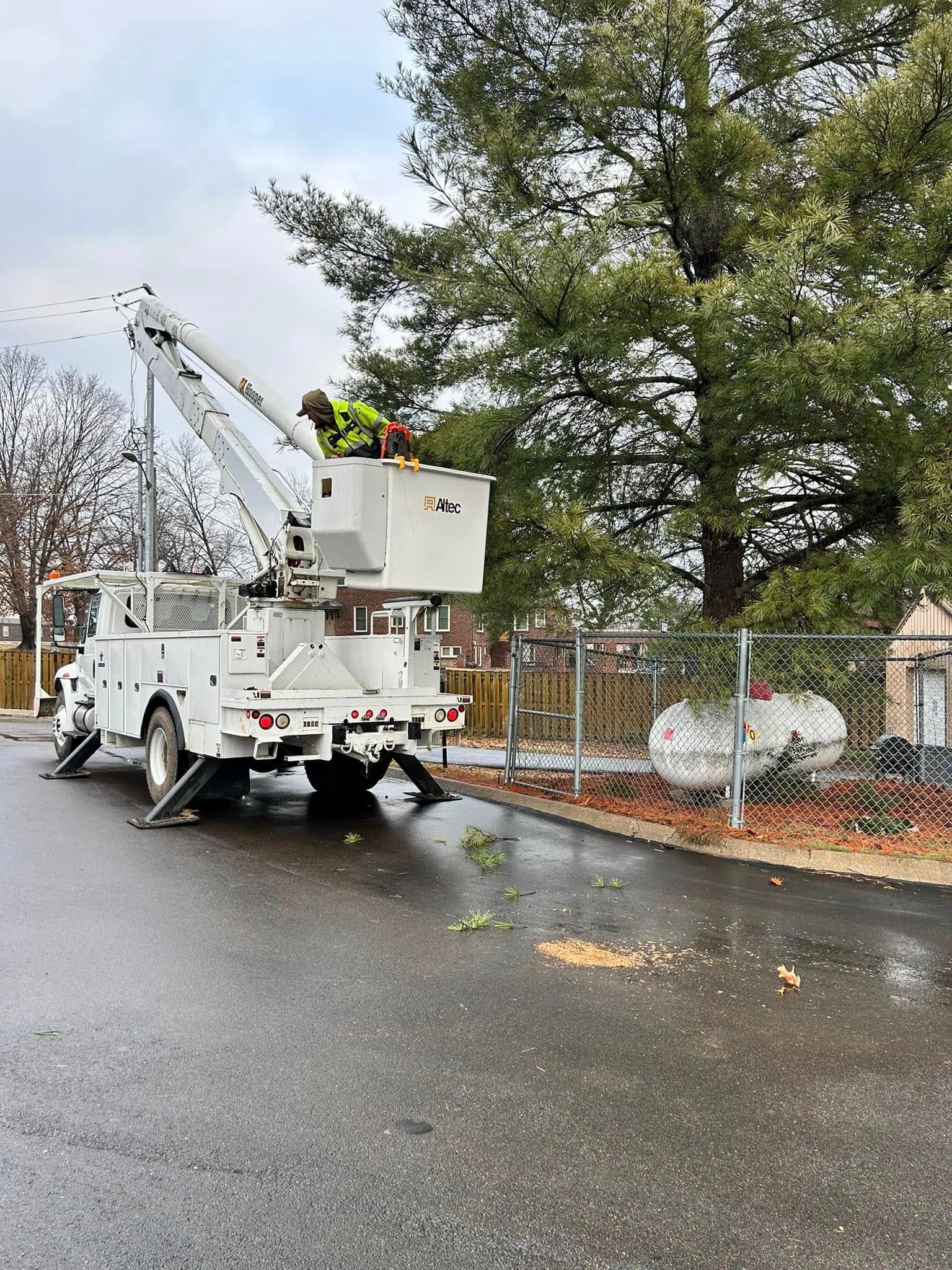 A man is cutting a tree with a crane on the back of a truck.
