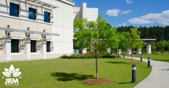 Building exterior with landscaped lawn, trees, and walkway under a blue sky.