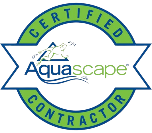AquaScape Certified Contractor logo: green and blue badge with frog silhouette.