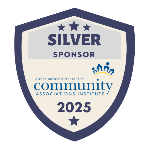 Silver Sponsor badge for the Rocky Mountain Chapter of Community Associations Institute, 2025. Blue and white shield design.