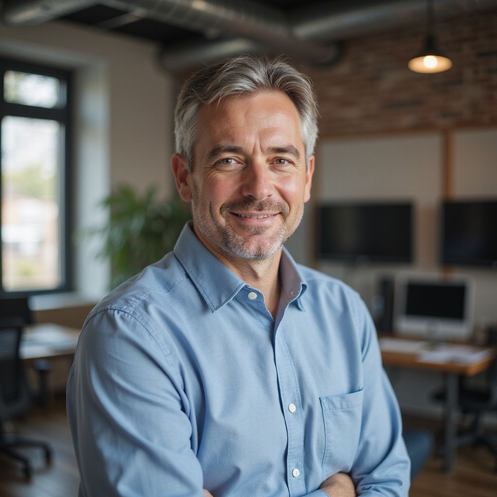 Man with graying hair and blue shirt smiles, arms crossed, in office setting.
