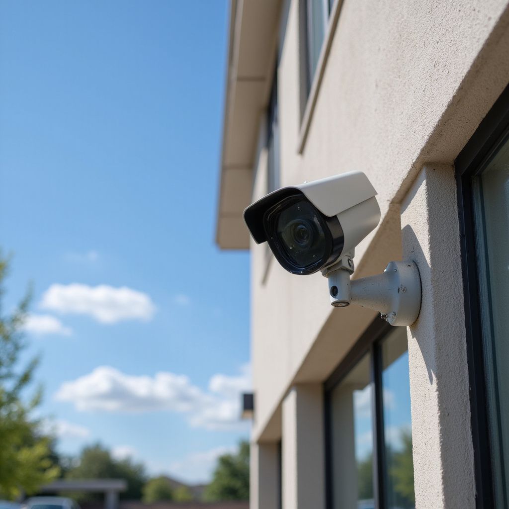 Security camera mounted on a building's exterior wall, against a blue sky with clouds.