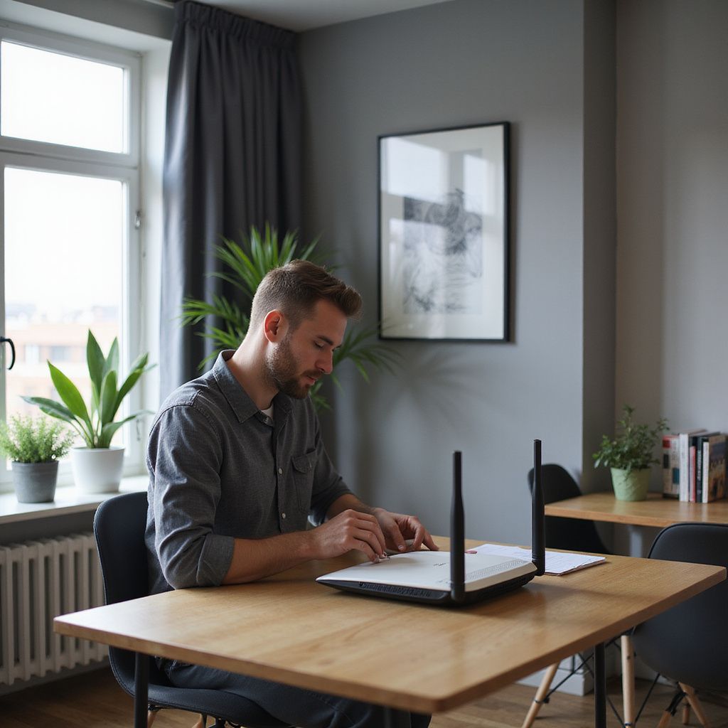 Man sits at a wooden table, working on a router. Indoors, near a window with plants, and a framed picture.