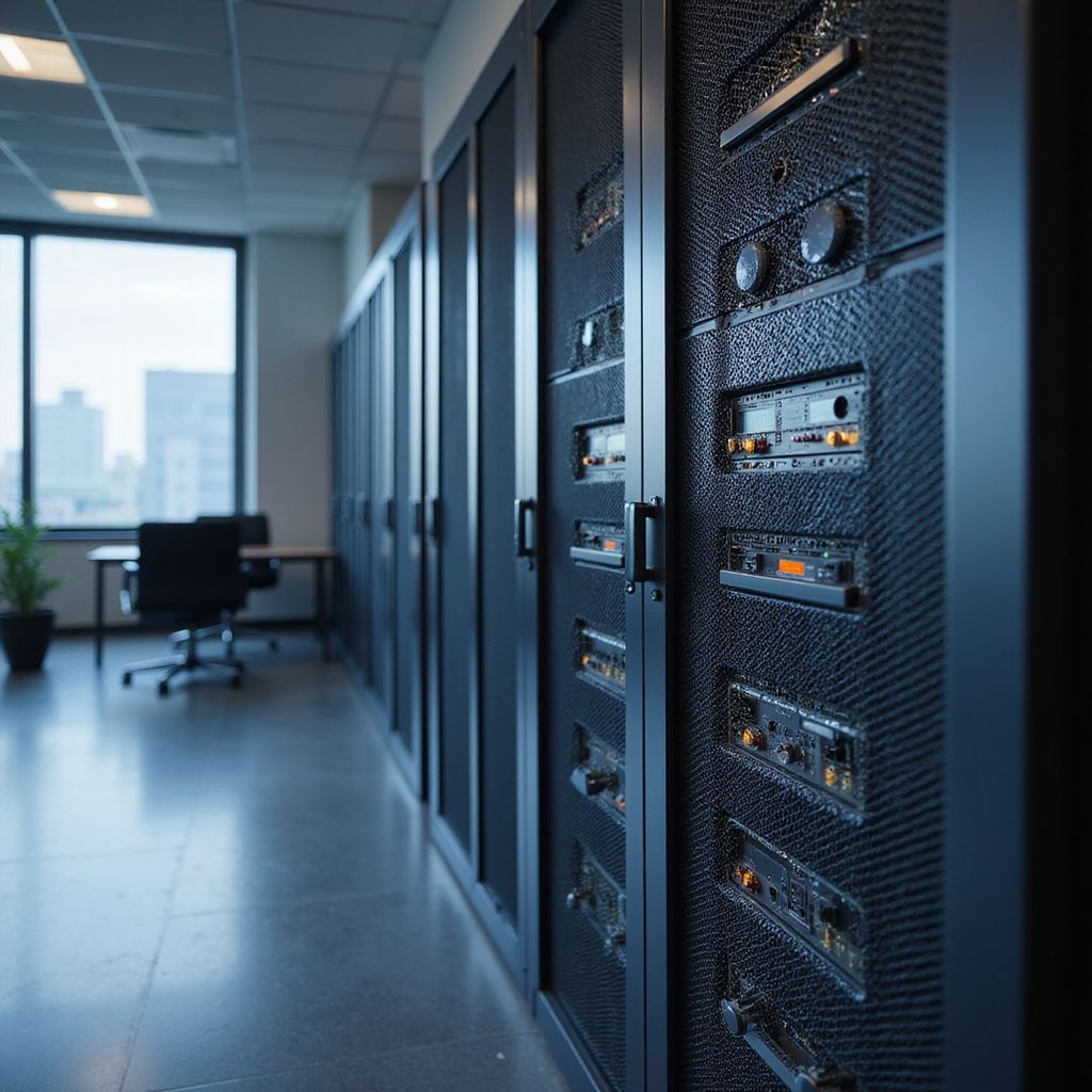 Server room with dark racks, control panels, and a hallway. Office space with a window in the background.