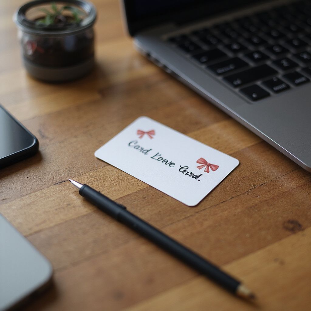 Laptop, phone, pen, and gift card on a wooden desk. The card reads 