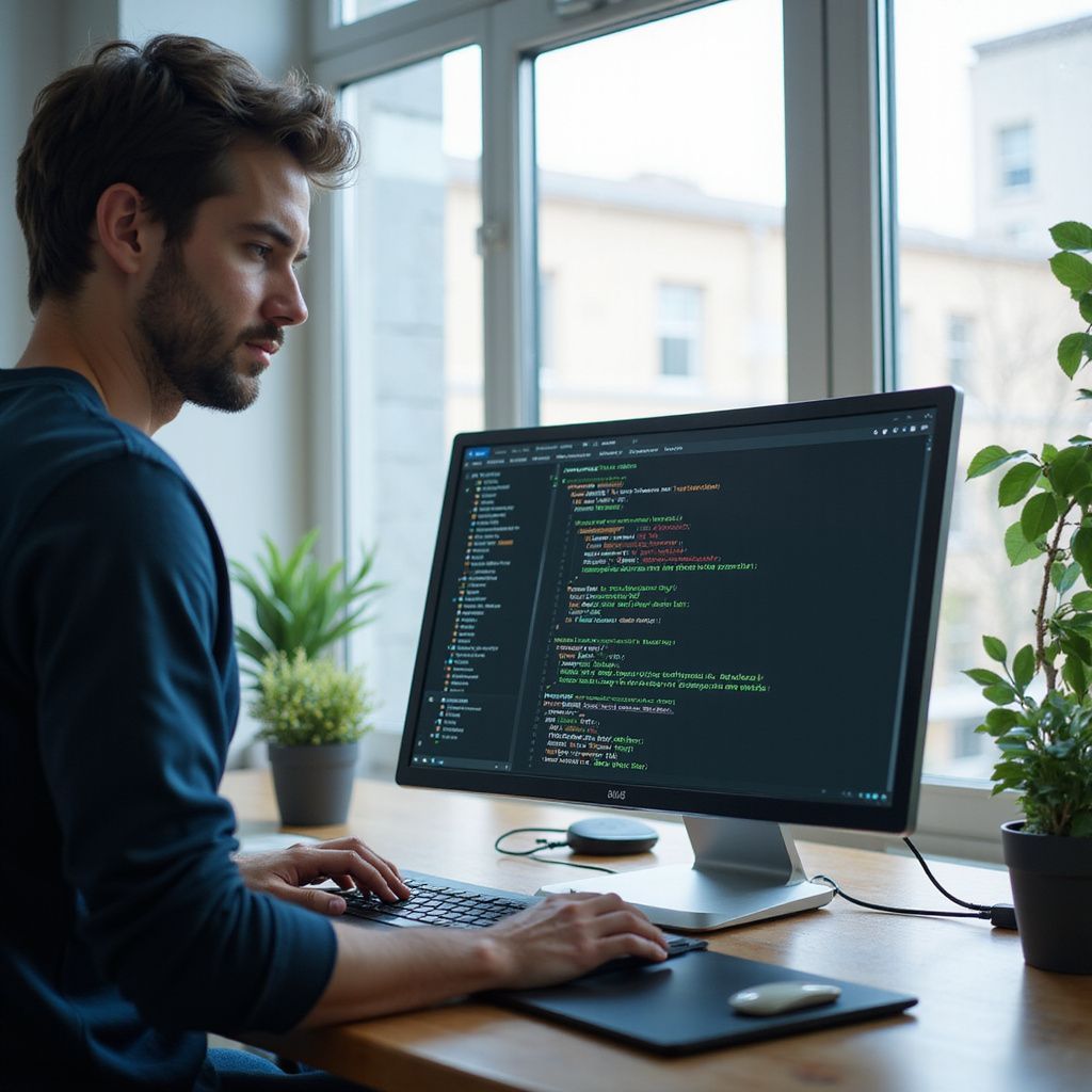 Man coding on a computer at a desk near a window with plants.