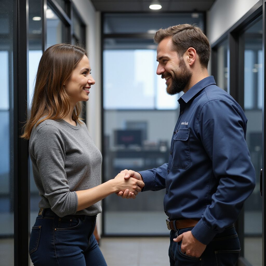 Woman and man shaking hands in an office hallway, both smiling.