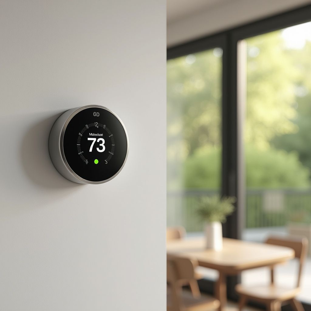Smart thermostat on a white wall, displaying 73 degrees. Dining area with a table and window in the background.