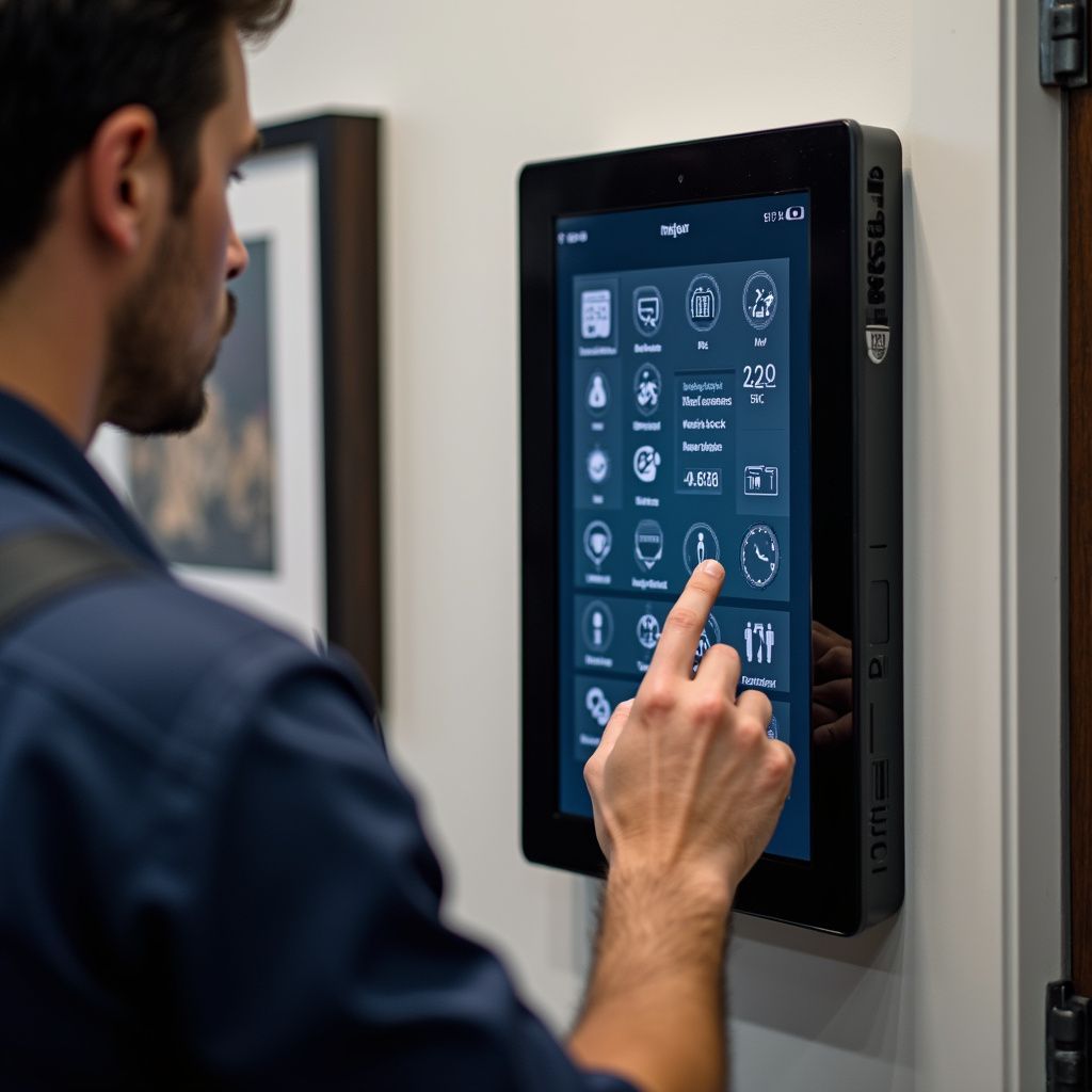 Man interacting with a touchscreen control panel mounted on a wall. Blue icons displayed on screen.
