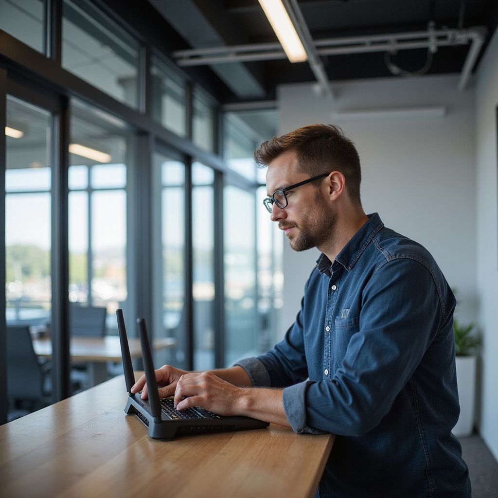 Man in glasses typing on a laptop at a desk in an office.