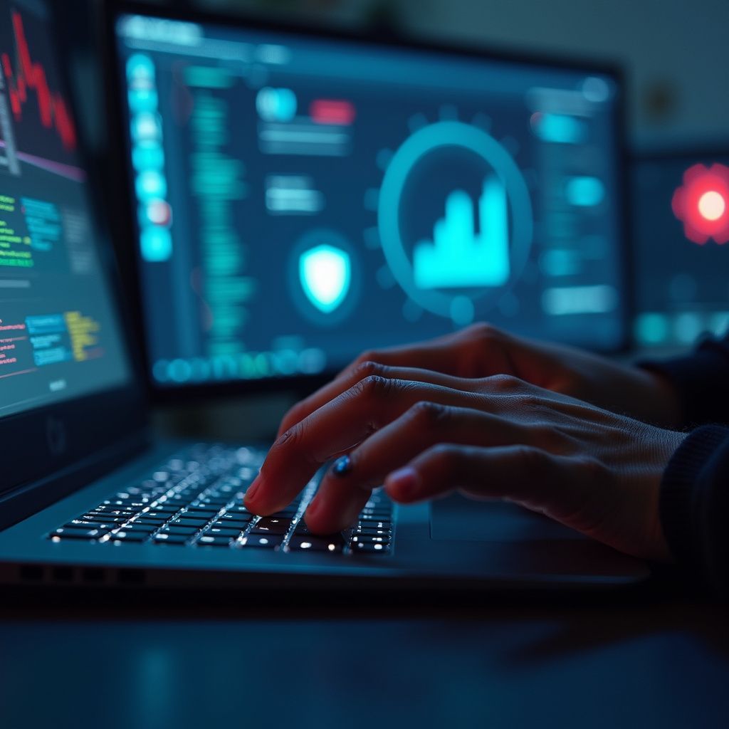 Hands typing on laptop with multiple computer screens displaying data visualizations in a dim room.