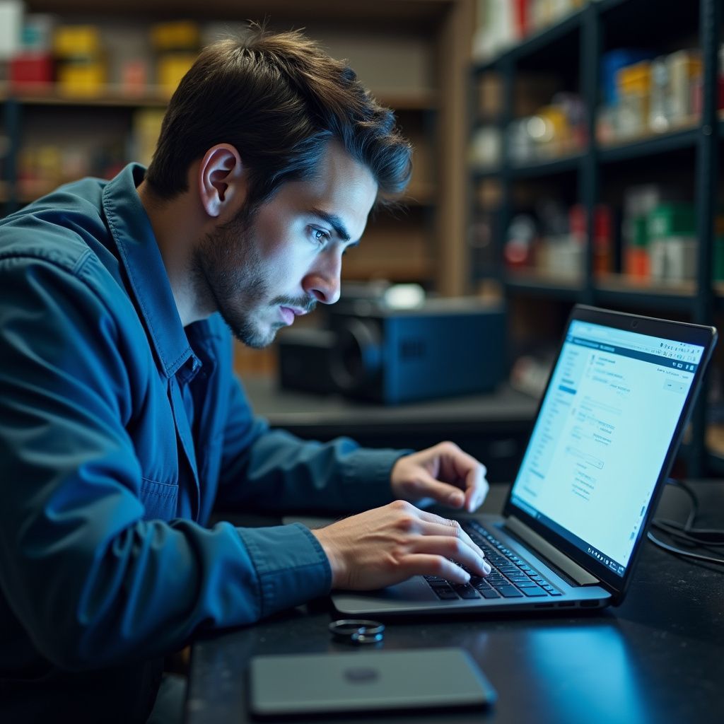 Man intently types on a laptop; dimly lit room with shelves.