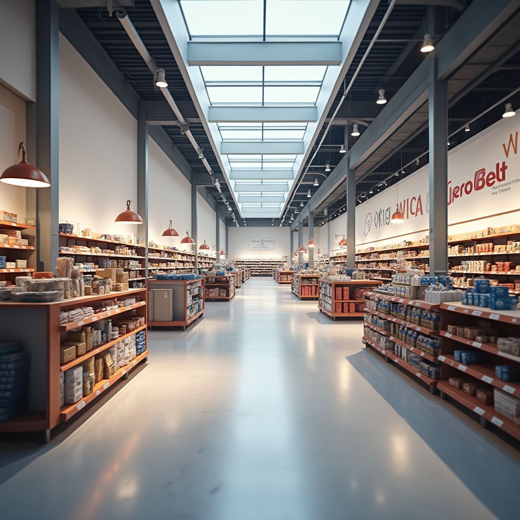 Interior of a large store with shelves of products, a bright skylight, and a polished floor.