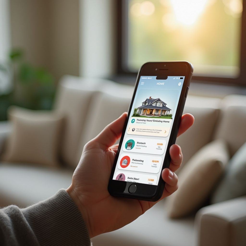 Hand holding a smartphone displaying a house listing app with a home photo and two user profiles.