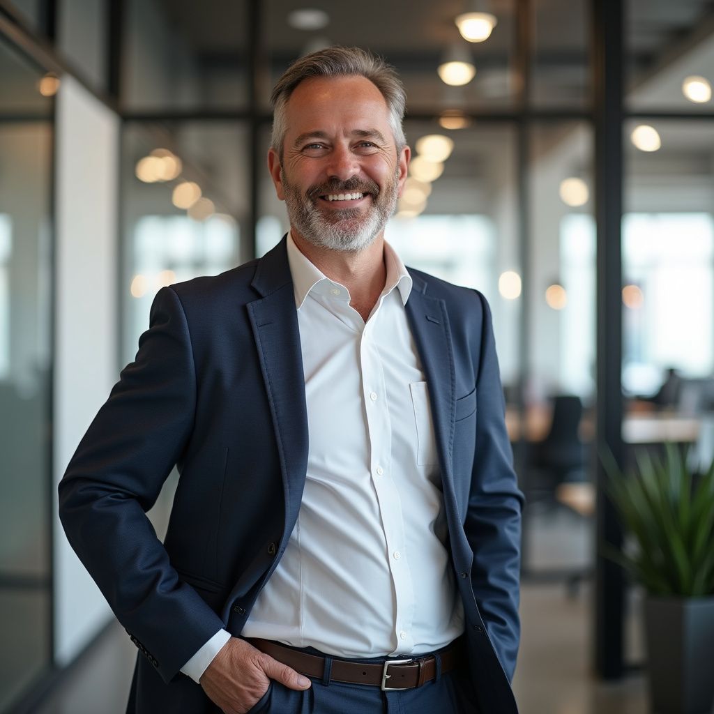 Man in a blazer smiles, standing in an office hallway, hand in pocket.