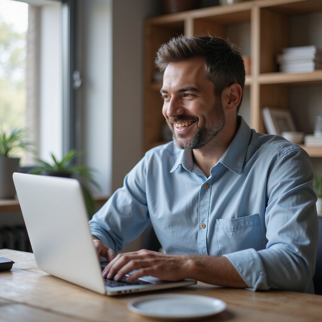 Man smiling, typing on laptop at wooden desk near window, bookcase in background.