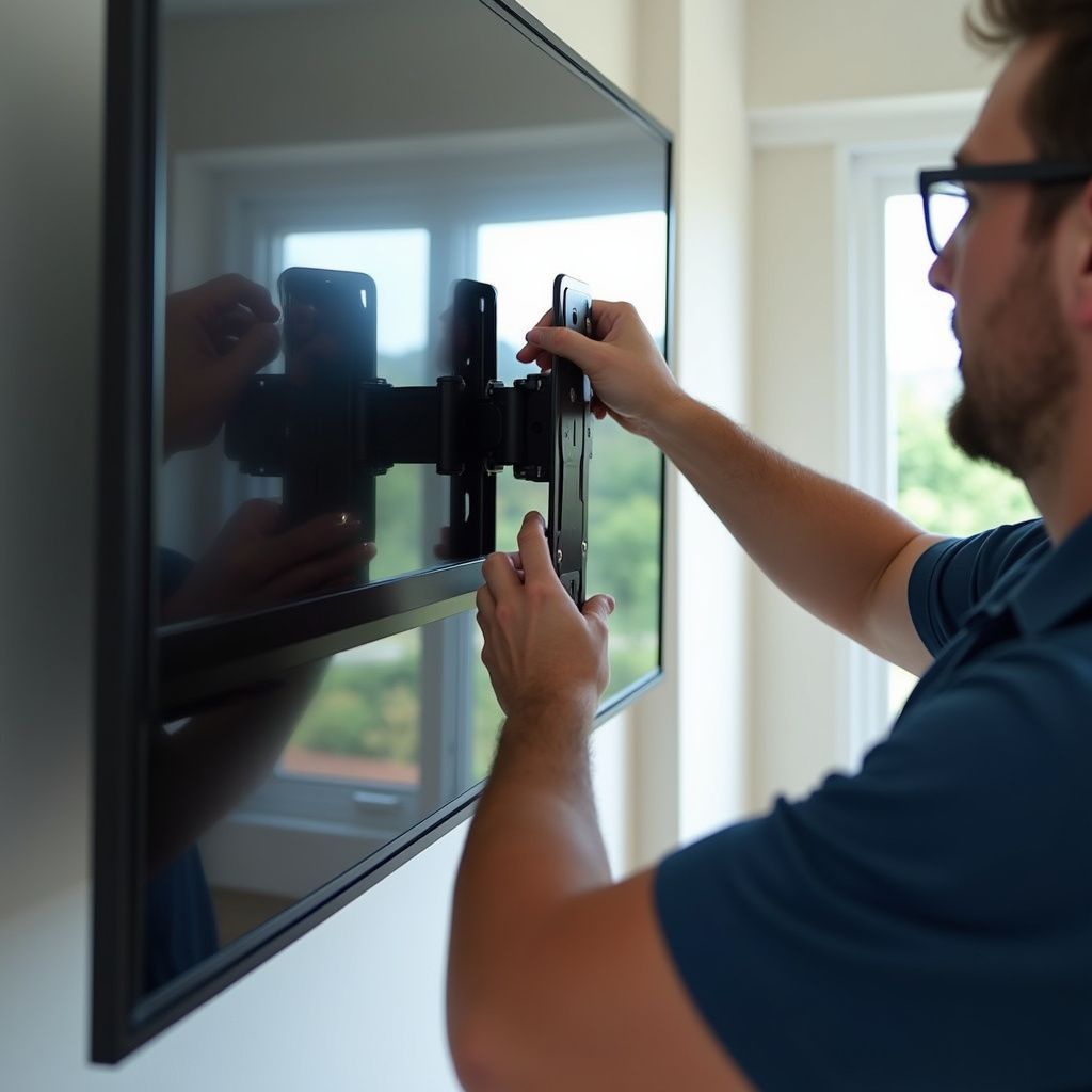 Man mounting TV on wall with black bracket.