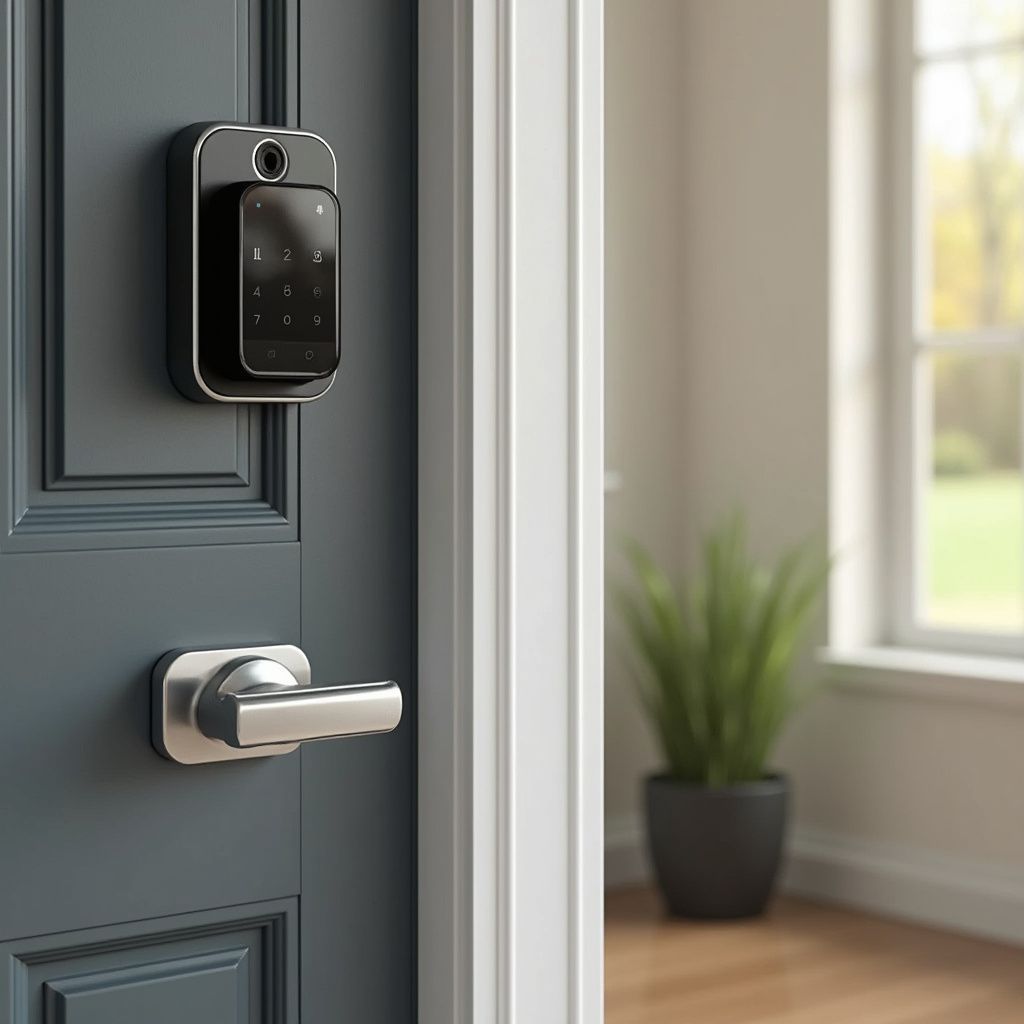 Smart lock and door handle on a blue door. Light from a window illuminates the interior.