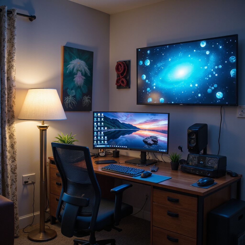 Desk setup with a large monitor, TV with galaxy image, black chair, and lamp in a corner.
