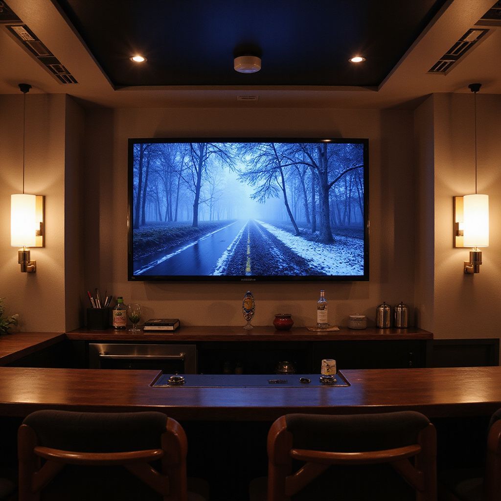 Bar area with TV showing a road through a snowy forest, with wooden counter and seating.