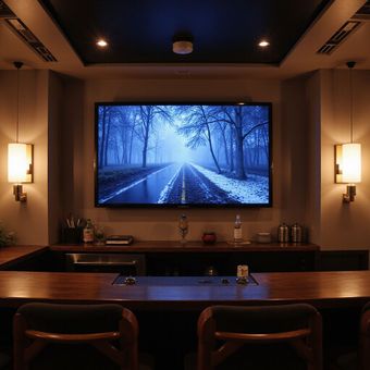 Bar area with TV showing a road through a snowy forest, with wooden counter and seating.