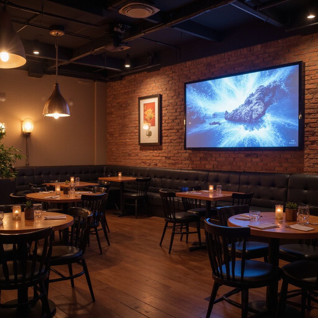 Restaurant interior with tables, chairs, brick wall, and a large screen displaying an image.